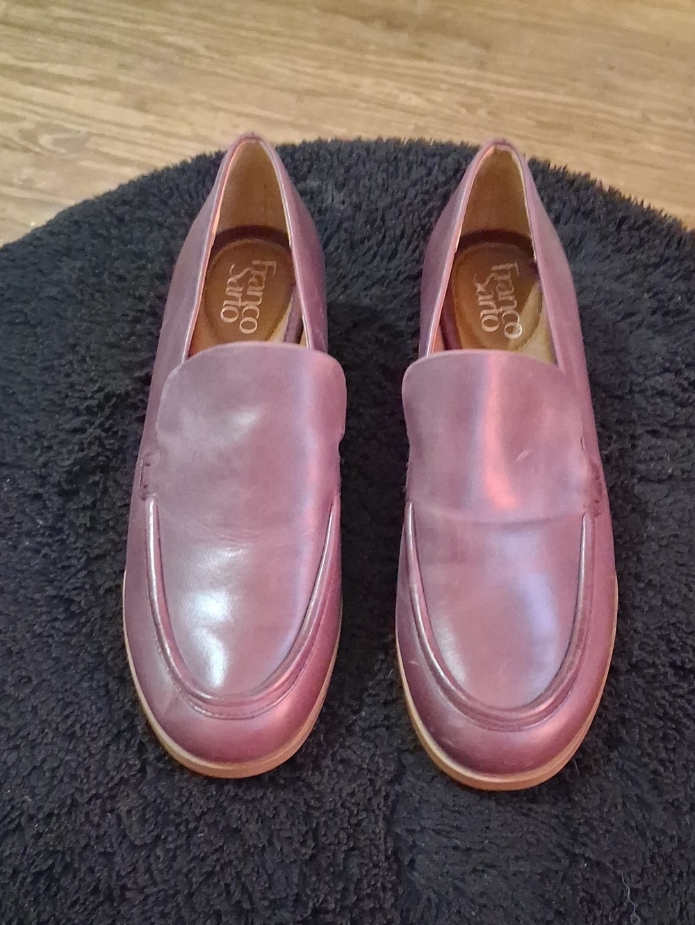 Franco Sarto Leather Mauve Slip-On Loafers Gold Accent Heel